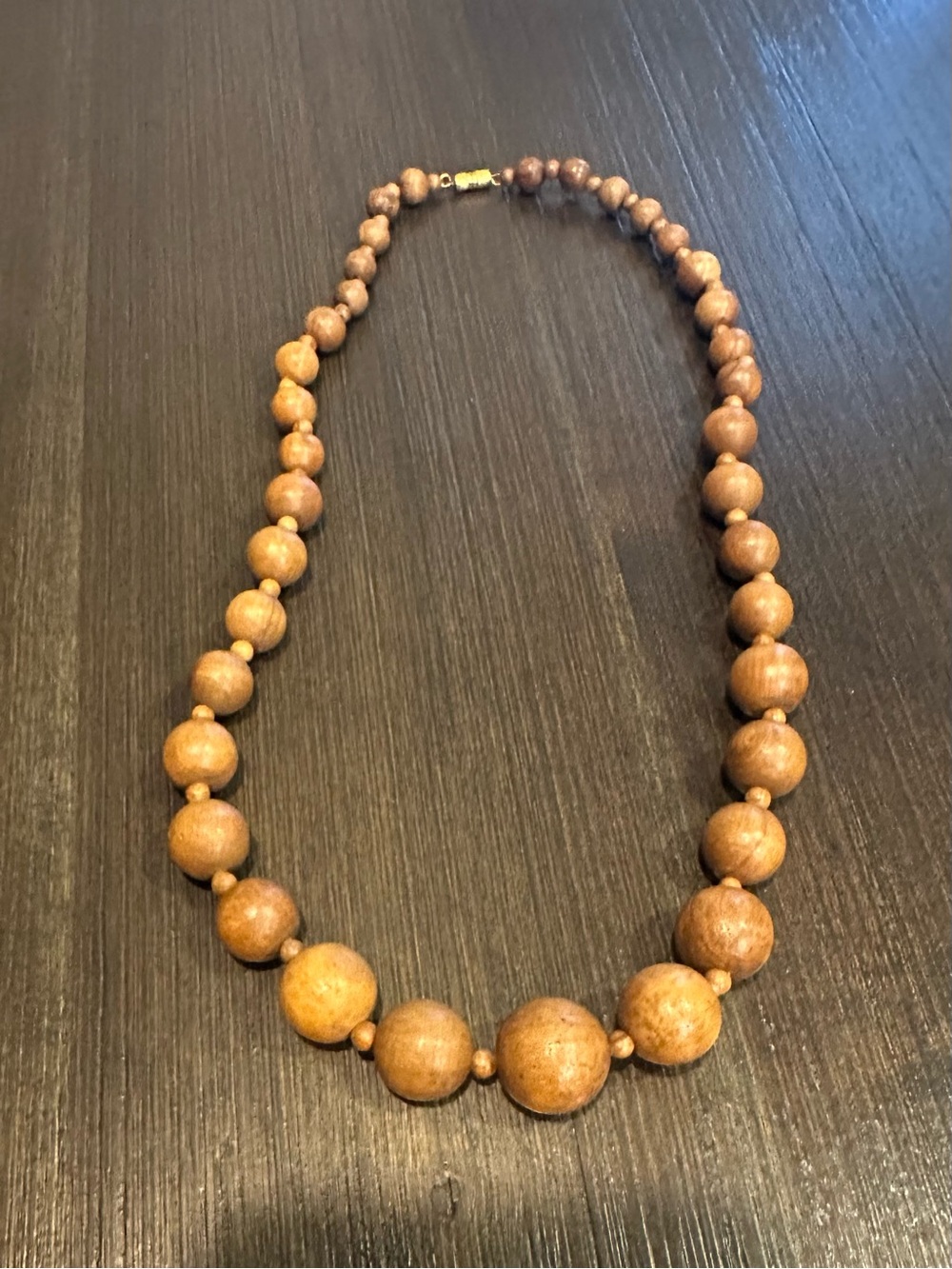 Vintage 1970s Chunky Graduated Wooden Bead Necklace Brass Barrel Clasp
